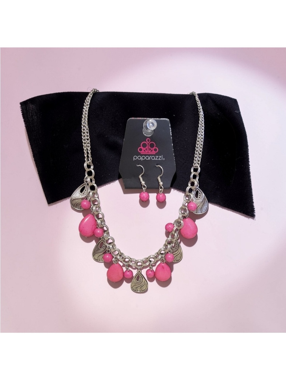 paparazzi Pink Bead & Silver Teardrop Charm Necklace Set